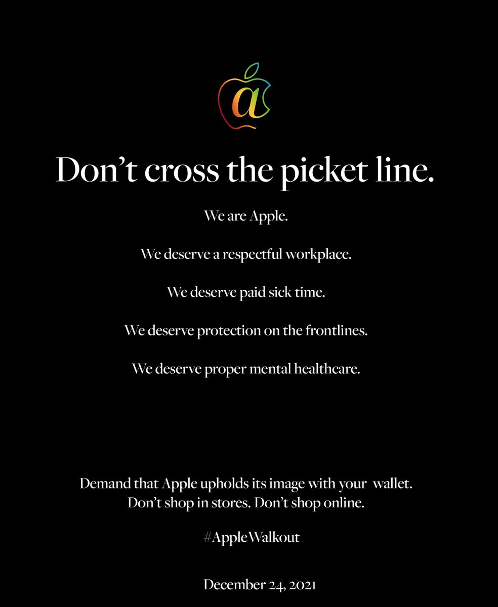 Calling all Apple workers and patrons! Tomorrow, December 24th, 2021, Apple workers are staging a walkout/callout to demand better working conditions. Strike funds are available for participants: coworkerfund.org/netflixapplefu…. Don't cross the picket line. #AppleWalkout 🖤✊