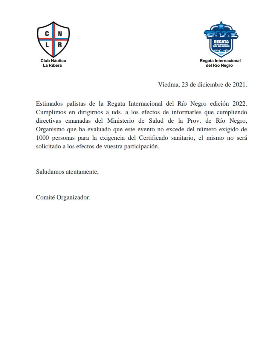 ⚠️ Aviso Importante ⚠️  

Regata Internacional del Rio Negro 2022