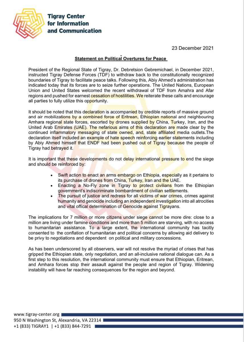 TigrayCIC's tweet photo. Statement on Political Overtures for Peace. https://t.co/tNsbqa3YU4