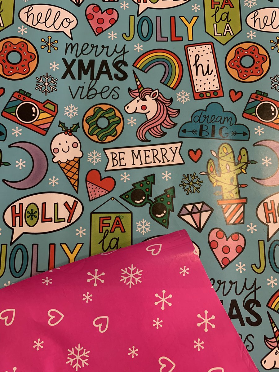 MrsChaffinSCI's tweet photo. Do y’all use traditional red and green wrapping paper or just grab what’s fun?! 

This year our paper is reversible… with unicorns, donuts and more! #imtoomuch https://t.co/FLRbG8VT1M