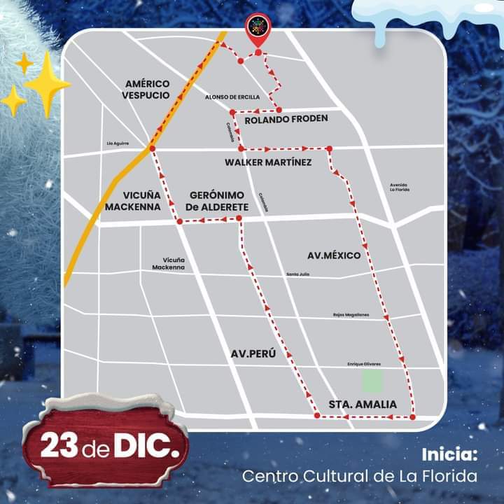 radiolaflorida's tweet photo. Centro de Cultural de la Florida invita: y Municipalidad de la Florida, a la caravana Navideña, desde las 21.00 hrs,
Dejamos recorrido para hoy, subido en rrss.
#laflorida #CaravanaNavideña #cultura #navidad2021 #radiolaflorida https://t.co/9fOFz1BwVc