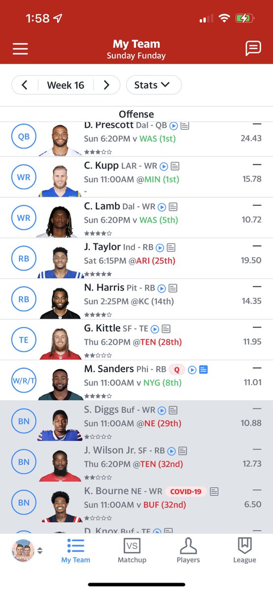NTanchuk's tweet photo. @TheFFBallers @andyholloway @FFHitman @jasonmoore Do I actually sit Diggs in this situation? Non PPR format https://t.co/ZkBheH3dwA