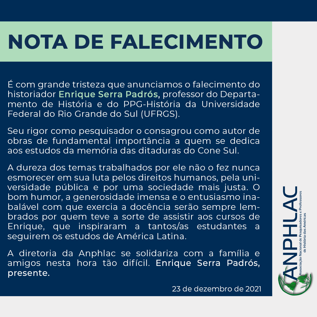 A diretoria da Anphlac se solidariza com a família e amigos nesta hora tão difícil. #EnriqueSerraPadrós, presente.

#notadefalecimento