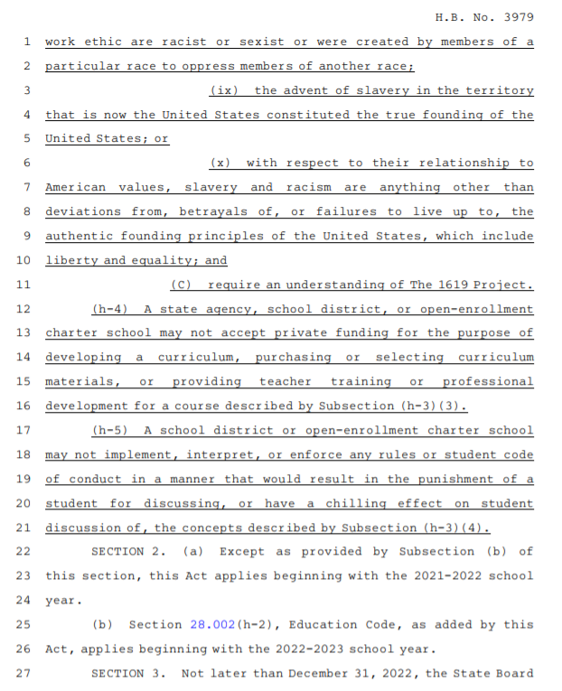 #CountdownTo1984 
TX HB3979 (Toth, etc.): No school may “require an understanding of the 1619 Project” or teach that “slavery and racism are anything other than deviations from. . . the authentic founding principles of the United States.” Starts 9/1/21 bit.ly/3F9kEGo