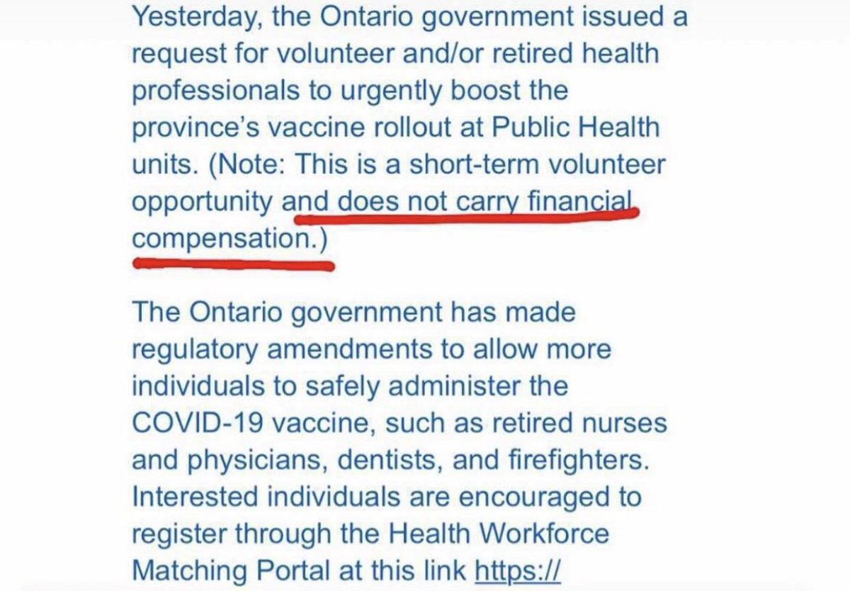 tylerwatt's tweet photo. Yes we need more people to vaccinate. But asking healthcare professionals to do it for free is delusional and salt in the wound.

@fordnation how about using some of that $10 billion for Highway 413, that nobody wants, to pay us for our desperately needed services? #onpoli https://t.co/hjFN50tOYe