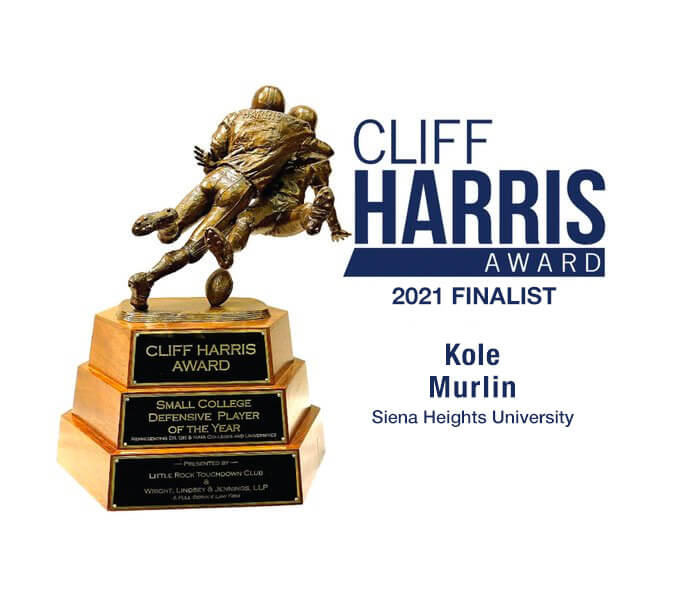 Congratulations to Kole Murlin a Junior from Siena Heights University on being a FINALIST for the 2021 Cliff Harris Award! <a href="/SienaHeightsFB/">Siena Heights University Football</a> <a href="/sienaheightsu/">Siena Heights</a> @kolemurlin15