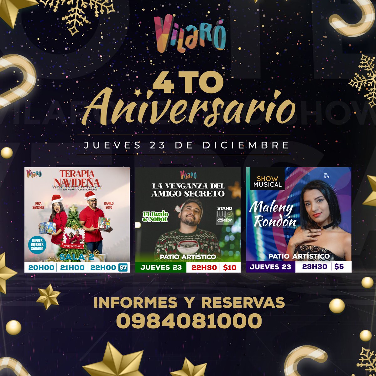 gentilefusion's tweet photo. Hoy celebramos 4 años de @vilaroshow Último día abierto de esta semana. Ven a brindar con nosotros. Tendremos Terapia Navideña, La Venganza del Amigo Secreto y show musical de Maleny Rondón. Reserva tu mesa: 0984081000 https://t.co/gI1mVJdMuF
