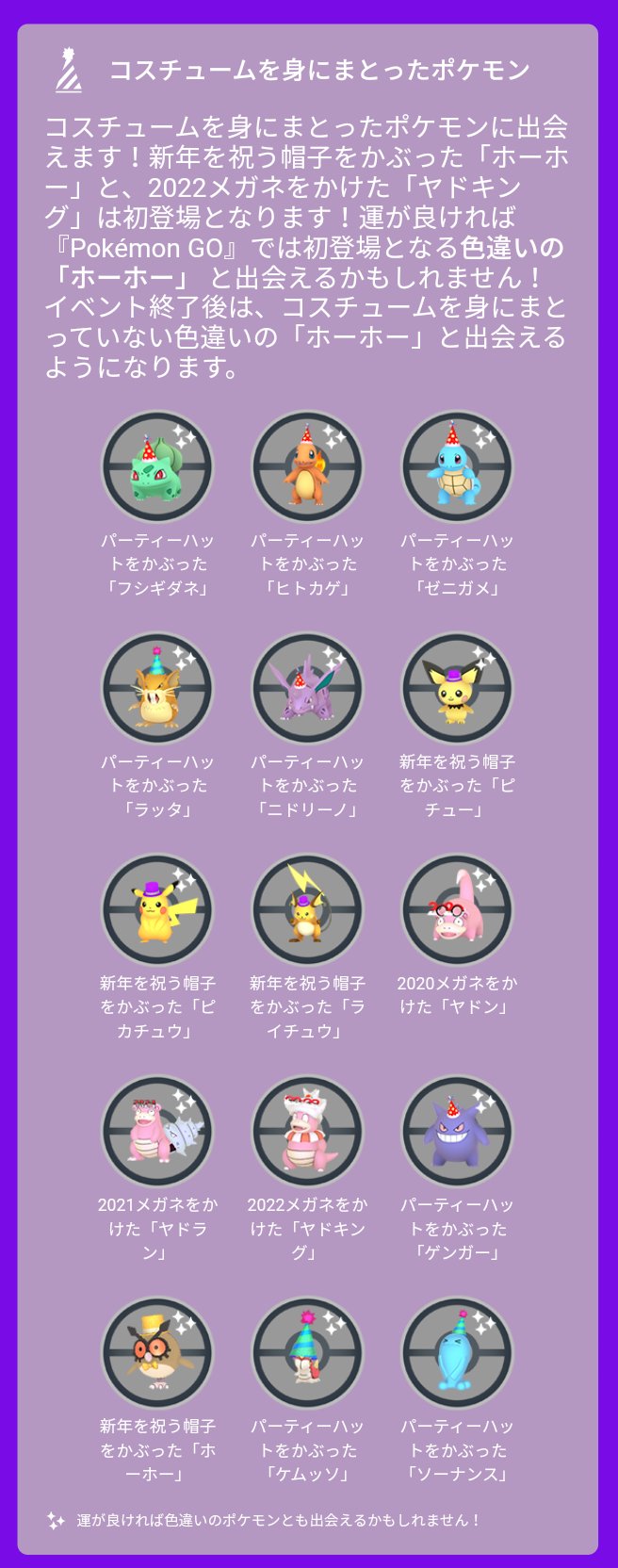 ポケモンgo攻略 みんポケ お正月イベントの詳細が発表されました パーティハットのニドリーノとゲンガーがついに日本でも実装されます T Co Btalrqp8ye ポケモンgo T Co I2wwskiayp Twitter