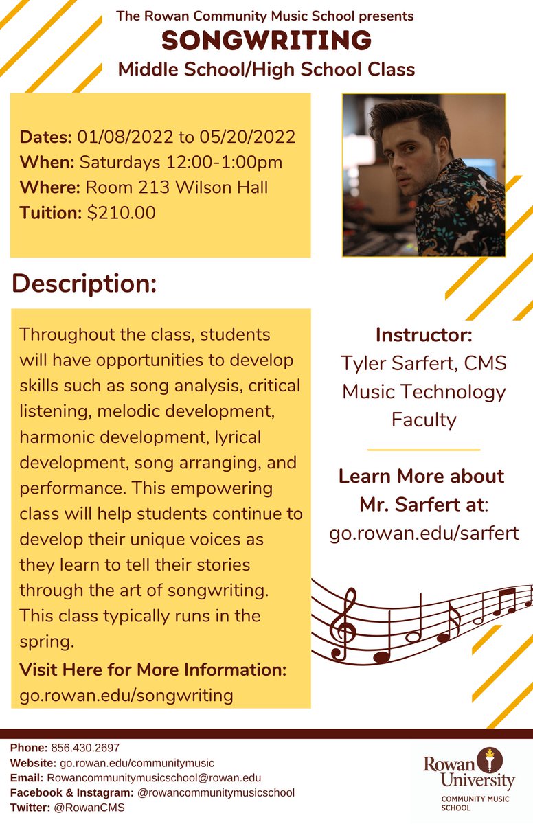 This is your chance to develop your own unique voice and story! Register for Songwriting classes with Tyler Sarfert today! Tyler Sarfert’s Biography: go.rowan.edu/sarfert. Visit go.rowan.edu/songwriting to learn more! #rowancmsproud #rowancms22 #songwriting #musiceducation