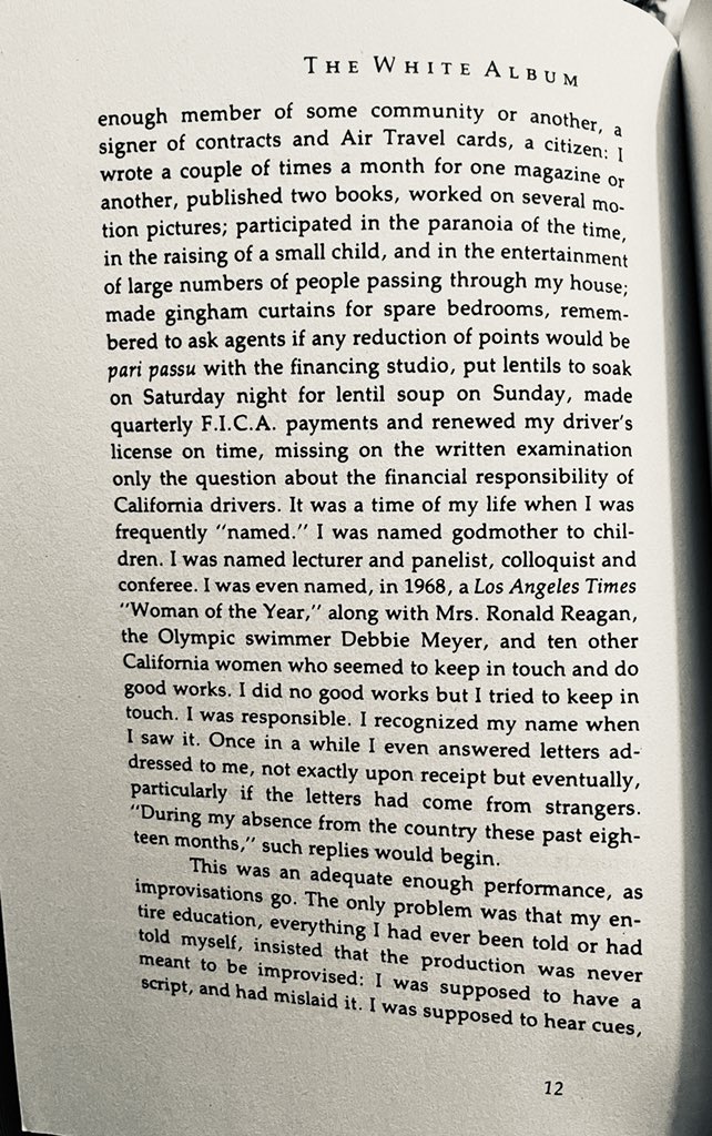 john_self's tweet photo. The extraordinary opening of Joan Didion’s essay ‘The White Album’, where every line drives you on to the next, and every paragraph makes you keep going until it’s time to turn the page. https://t.co/yea6HRmIYZ