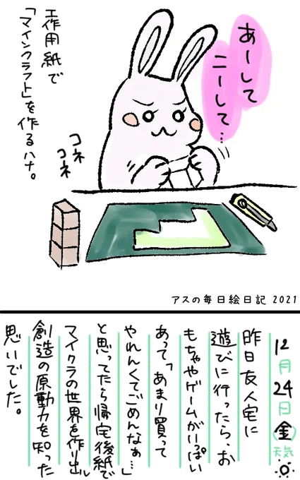 「ないなら作ればいいじゃない」が発明の母だと聞いたことがあるけど、貧乏で欲しいおもちゃが無い事が創造力に繋がる事もあるんだと知って、これはこれで悪くないと思った母。
明日の朝にはクリスマスプレゼント来るからね…(マイクラではないけれども)

#アスの毎日絵日記 #コルクラボマンガ専科 
