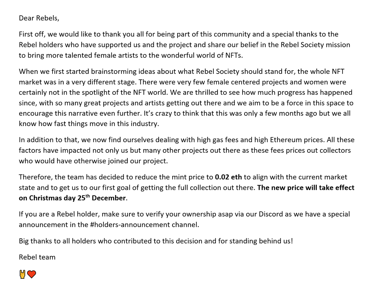 RebelSocietyBTC's tweet photo. 🚨IMPORTANT!🚨
With the help of our holders we have decided to lower the Rebel Society NFT mint price to 0.02 eth starting 25th December.

Full announcement below👇

#NFT #NFTdrop #NFTCommunity #NFTprojects #NFTpfp https://t.co/VQlTBhMeyK