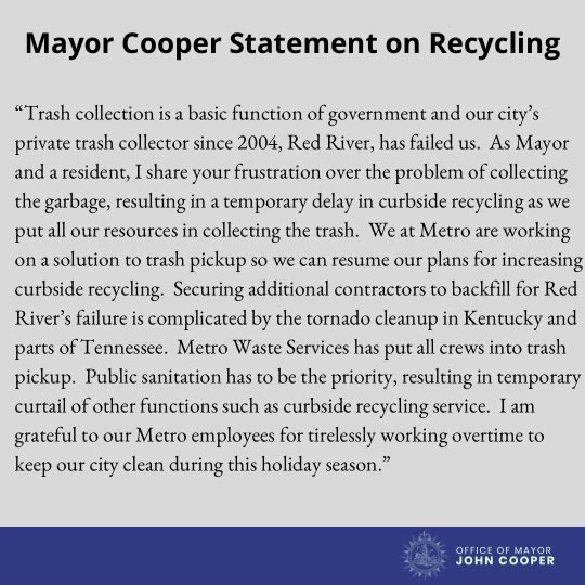JohnCooper4Nash's tweet photo. Our city’s private trash collector, Red River, has failed us. As Mayor and a resident, I share your frustration over the problem of collecting the garbage, resulting in a temporary delay in curbside recycling as we put all our resources in collecting the trash. (1/2). https://t.co/2yOIVjuZL3