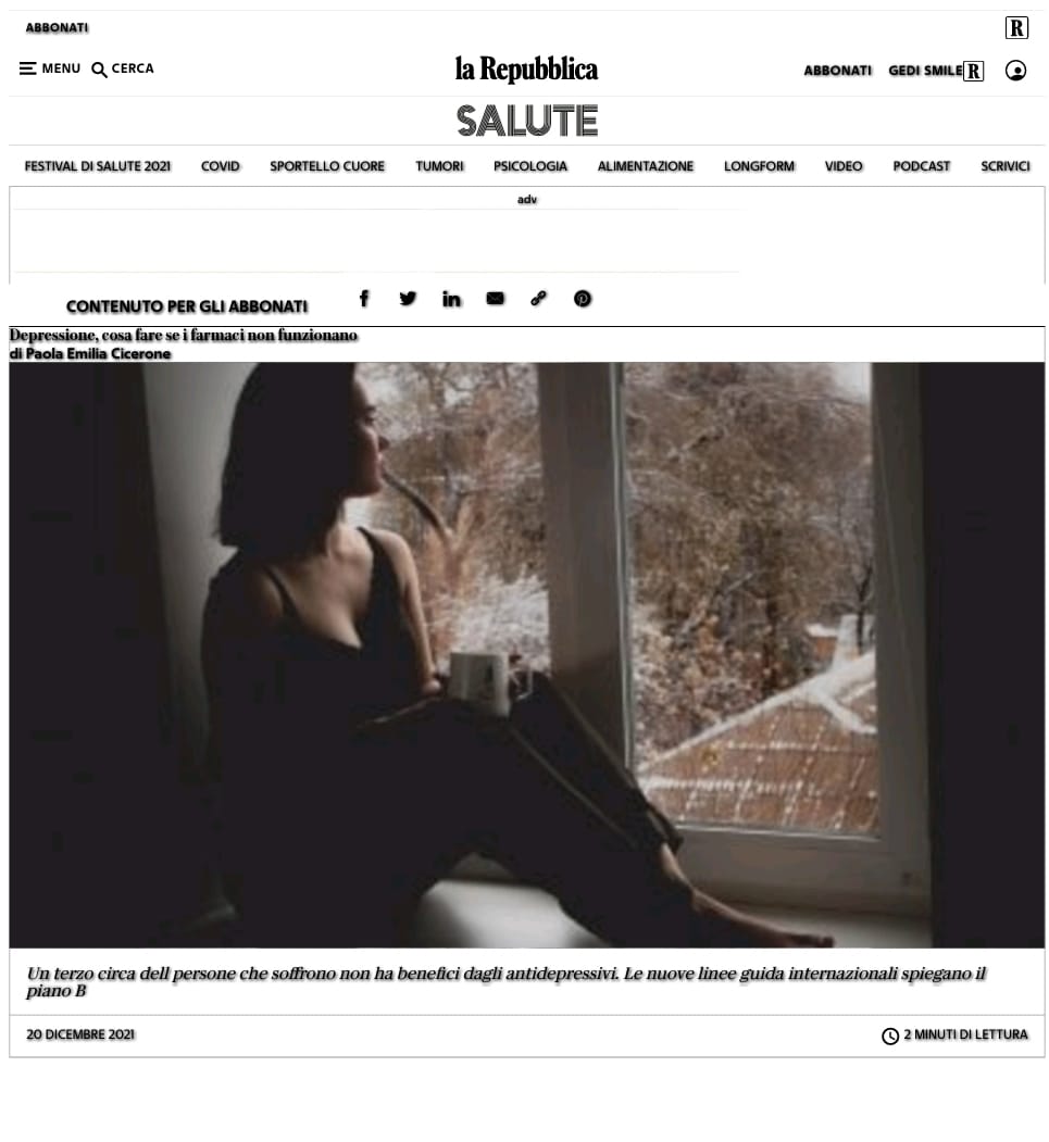 _Luca_Sforzini's tweet photo. If you wanted to read it, but couldn't. Here you go: an easy access to the Italian overview published on @repubblica talking about our expert report! A new definition of #treatmentresistantdepression to guide the future of #clinicaltrials @ParianteLab @imi_eupearl https://t.co/fi6XL8uH6j