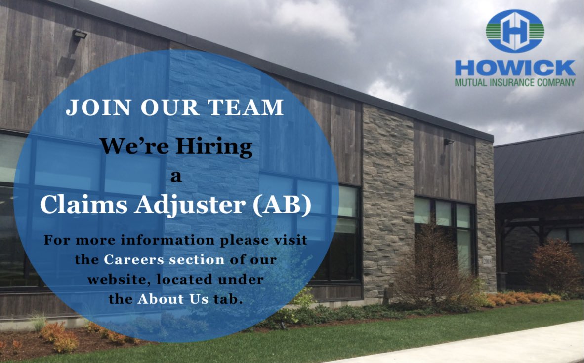 Career Opportunity! 

Visit the following link to learn more about our 
"Claims Adjuster (Accident Benefits) - Full-time, Permanent Position". 
howickmutual.com/en/about-us/ca… 

Interested applicants are asked to submit their resume by no later than 5:00pm on Friday, January 7, 2022