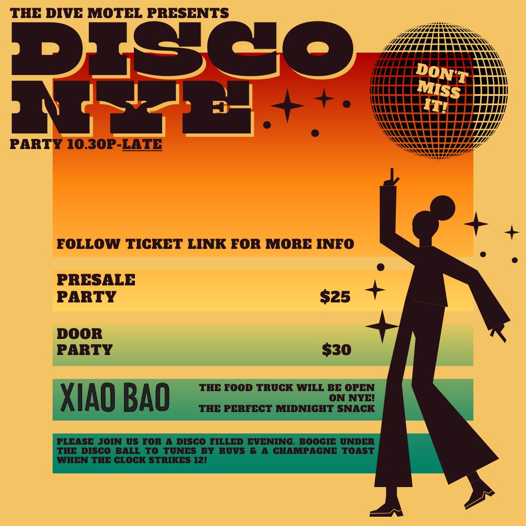 We are partying all night into 2022 with The Dive Motel! Join us for a disco NYE with food, dancing, and a champagne toast to top it off 🥂

events.showx.com/event/the-dive…