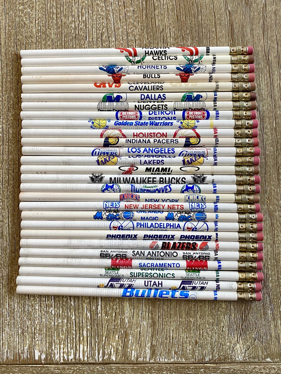 _MattSanchez's tweet photo. If you were a kid in the early 90s then you’ll appreciate this amazing gift I just received - All 27 teams!

When I was 8 years old, trying to collect each NBA team pencil was my life’s mission. 🏀✏️ 

They cost .20 and you’d hold your breath when the pencil machine spit one out. https://t.co/oB9iAk9GyR
