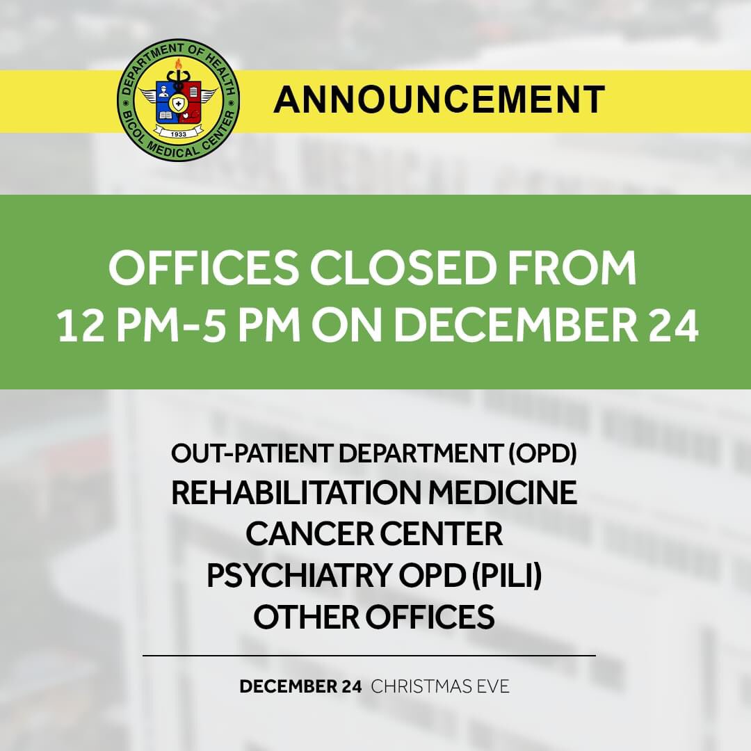 bmcgovph's tweet photo. 🟥 #Announcement : BMC's offices will be closed from 12:00 pm to 5:00 pm on December 24 🎄

In accordance with the Office of the City Mayor, BMC's Out-Patient Department, along with other services and offices, will be operating half-day on Friday, December 24th. https://t.co/lJfzppMoO8