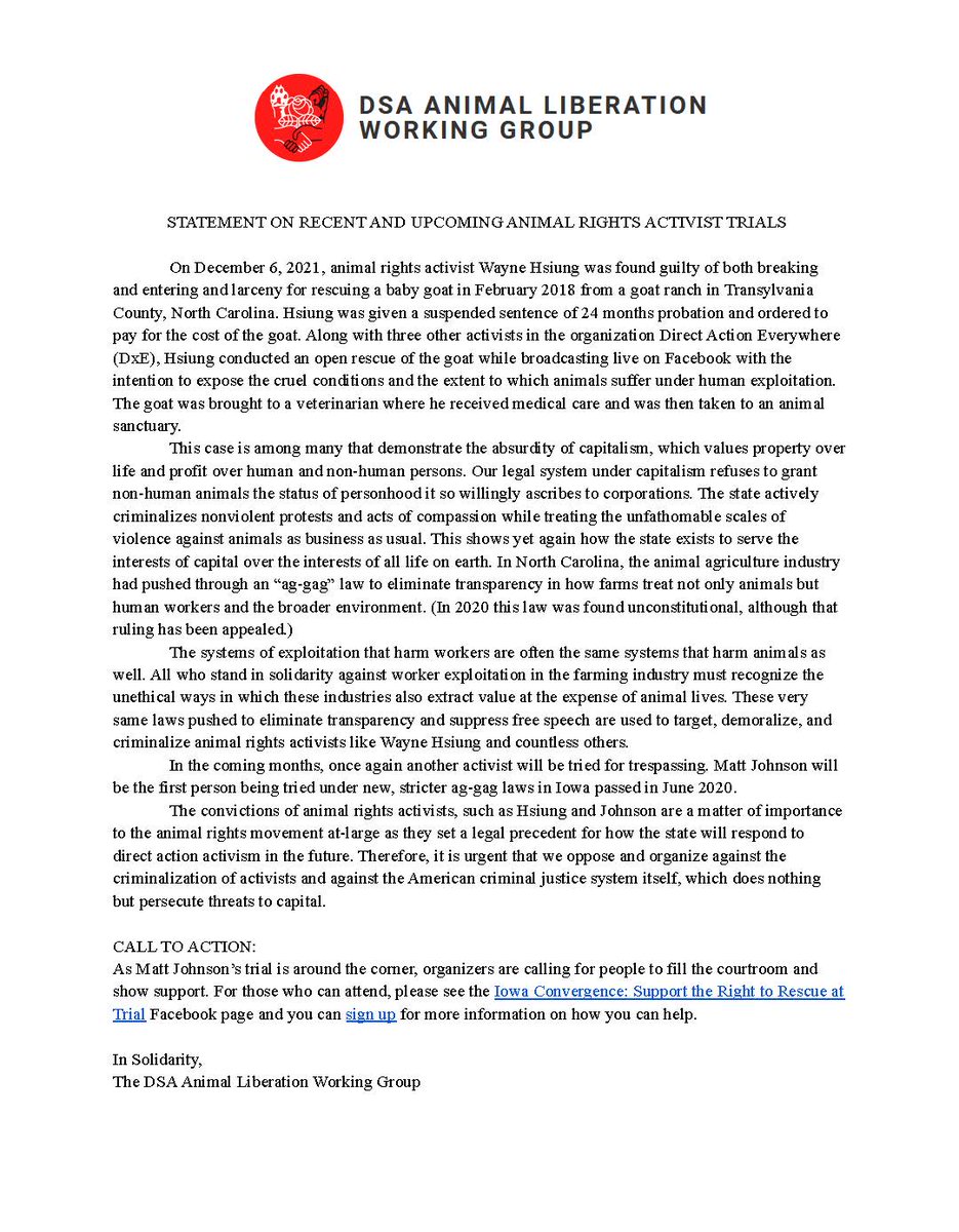 DSAAnimalLib's tweet photo. Read our statement regarding the recent and upcoming animal rights activist trials of Wayne Hsiung (@waynehhsiung) and Matt Johnson (@DxE_Matt). #RightToRescue https://t.co/d1YSfA33UC 1/4 https://t.co/LlOh42q6re