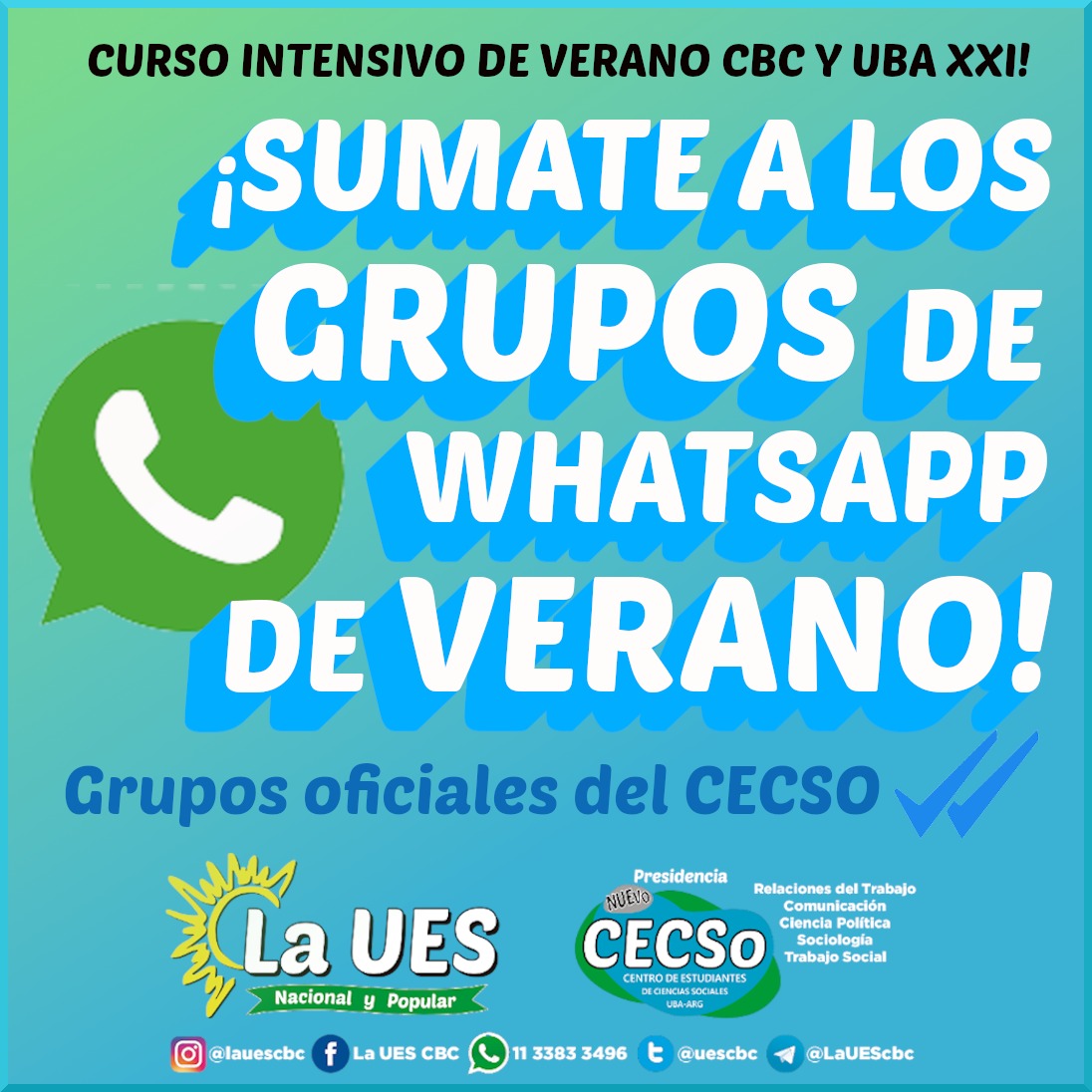 UesCbc's tweet photo. Desde la UES te dejamos los enlaces a los grupos de materias del curso intensivo de verano de CBC y UBAXXI, para que puedas sacarte dudas, consultar bibliografía 📚 encontrar compañerxs de cursada 🙋🏽‍♂️ y enterarte de info oficial ✅, Sumate!! 
https://t.co/uImMKKK0zf https://t.co/vvKqUHk0ow