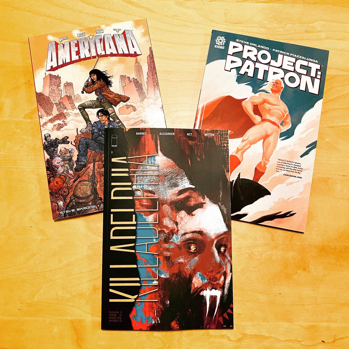 DVS_Graphics's tweet photo. Week 51 of 52 in my Comic TPB Haul for 2021! Picked up Post Americana v1, Project Patron v1 and Killadelphia v3. Getting closer to the end of this years reading journey and ready to dive into these titles to help me finish out my 2021 challenge. Hope everyone has a great week!📚 https://t.co/zfJhXKs4ZP