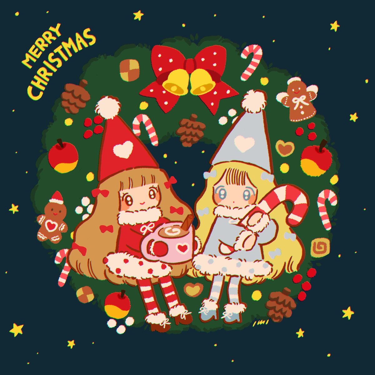 multiple girls 2girls food candy cane christmas hat long hair  illustration images
