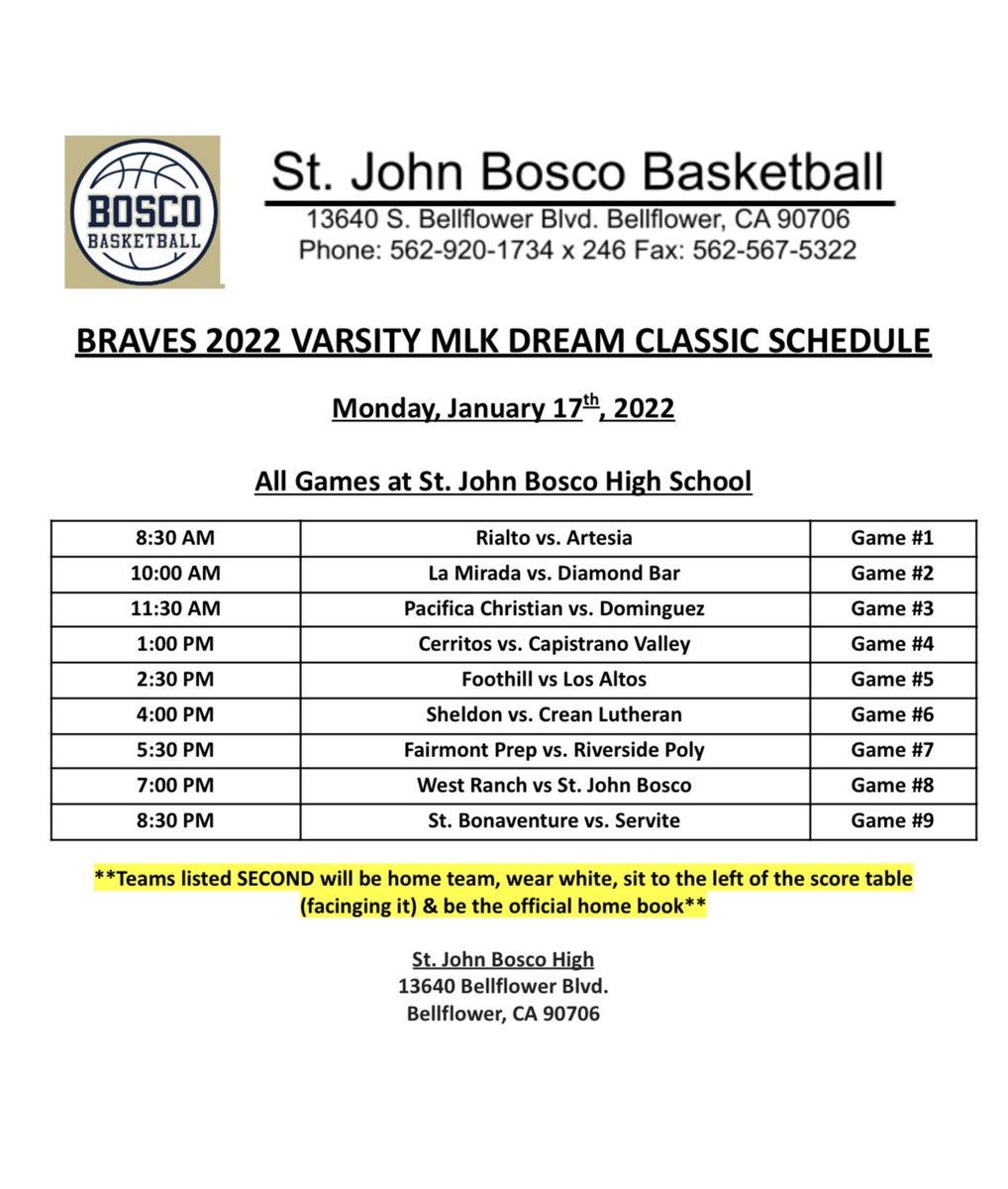 BoscoHoopEvents's tweet photo. The schedule is all set for the @BoscoBasketball 2022 Braves MLK Dream Classic taking place Monday, January 17th, 2022 all at @StJohnBoscoHS. https://t.co/oF0RE9kqvC