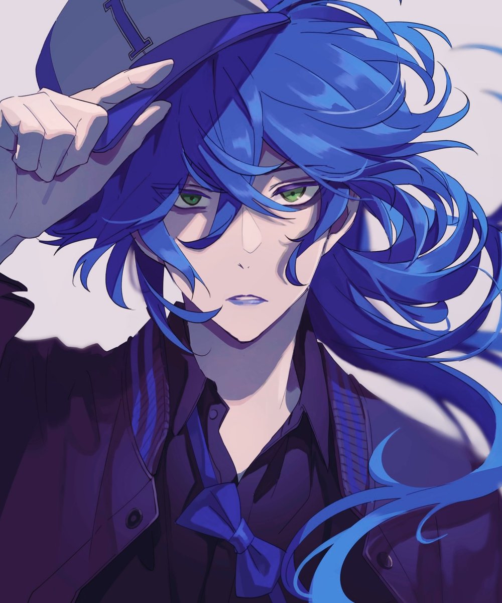 male focus 1boy solo makeup long hair blue hair hat  illustration images