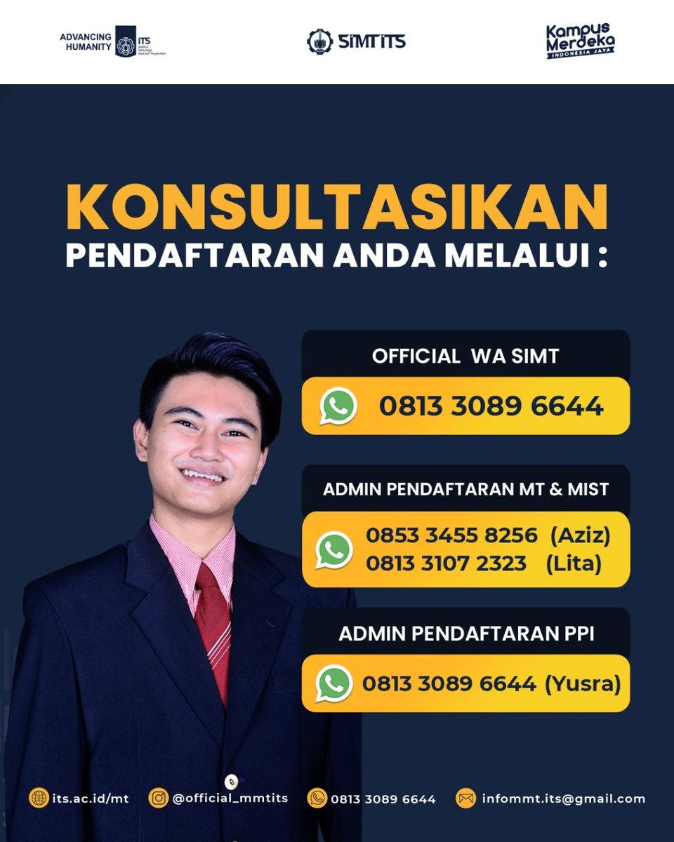 its_campus's tweet photo. Masih ada informasi yang kurang jelas? Konsultasikan kendala pendaftaran anda dengan kami melalui kontak tertera.

#MTITS #MMTITS #DMTITS #ITSCampus #ITSSurabaya #MagisterManajemen #MagisterManajemenTeknologi #SIMTITS #MISTITS https://t.co/fqzYYiqckF