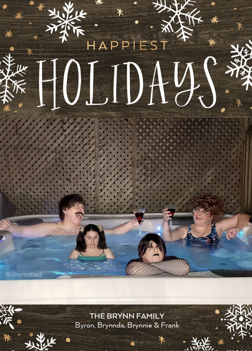 BrynnShuller's tweet photo. Every year for the past 7 years, I've photoshopped myself to be my own awkward family. This year I rented an airb&amp;b so I could take pictures in a hot tub 🤣 (yes, they are all me) #thebrynns #brynnified #holidayseason  #HolidayCard https://t.co/qL7f7dHllS