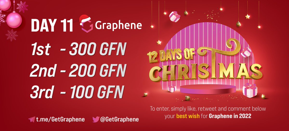 💫 Christmas Giveaway - Day 11 💫

Do the following to enter:

1️⃣Retweet this
2️⃣Follow <a href="/GetGraphene/">Graphene</a>
3️⃣Comment your BSC address

Winners will be drawn at random on December 26th! Good luck! 🎄🤶