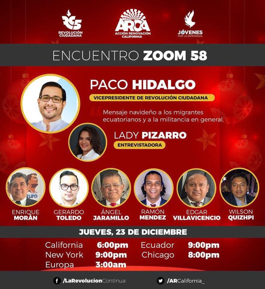 pacohidalgoec's tweet photo. Hoy estaremos en el #EncuentroZoom58 con nuestros compañeros migrantes. 

Gracias a la invitación de Acción Renovación California 
con La Revolución Ciudadana.

Los espero😉
⏰ 21h00🇪🇨

@ARCalifornia_ https://t.co/GV0TgcLPeb