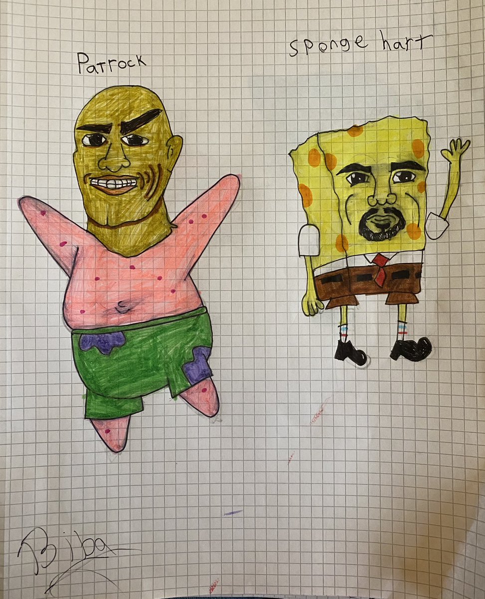 Cletje's tweet photo. The ‘spongebobbed’ images of ‘Patrock’ @TheRock and ‘Spongehart’ @KevinHart4real , made by Boudewijn (10yr). https://t.co/JlLgp0uREW