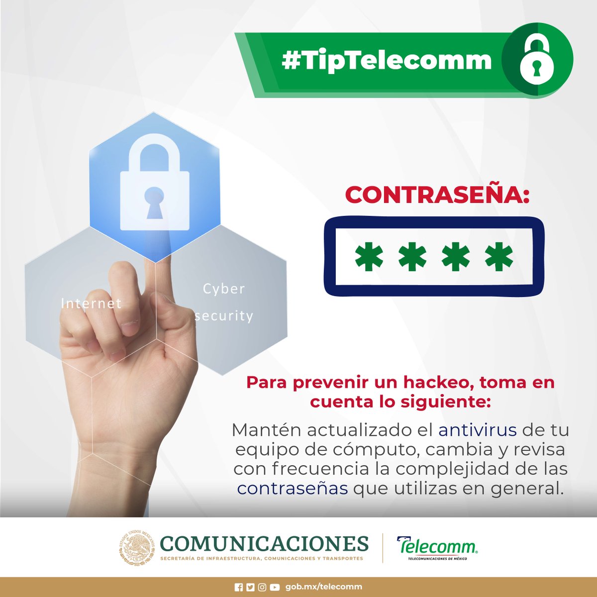FinabienMex's tweet photo. #TipTelecomm
Si no quieres ser víctima de un hackeo toma en cuenta nuestra siguiente recomendación. https://t.co/tA2iXsxgBl