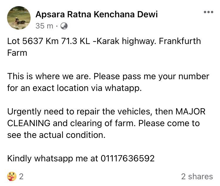 suzannajuwita's tweet photo. 🆘 #DaruratBanjir 

Sebuah animal shelter di Karak/Bentong memerlukan bantuan untuk membersihkan kawasan &amp; membaiki kenderaan mereka.

Lot 5637
KM 71.3 KL-KARAK Highway
Frankfurth Farm

Hubungi https://t.co/Um1kUnhu5x utk lokasi yg tepat

https://t.co/kq9ZpySbgq https://t.co/t1zzvjEXUg