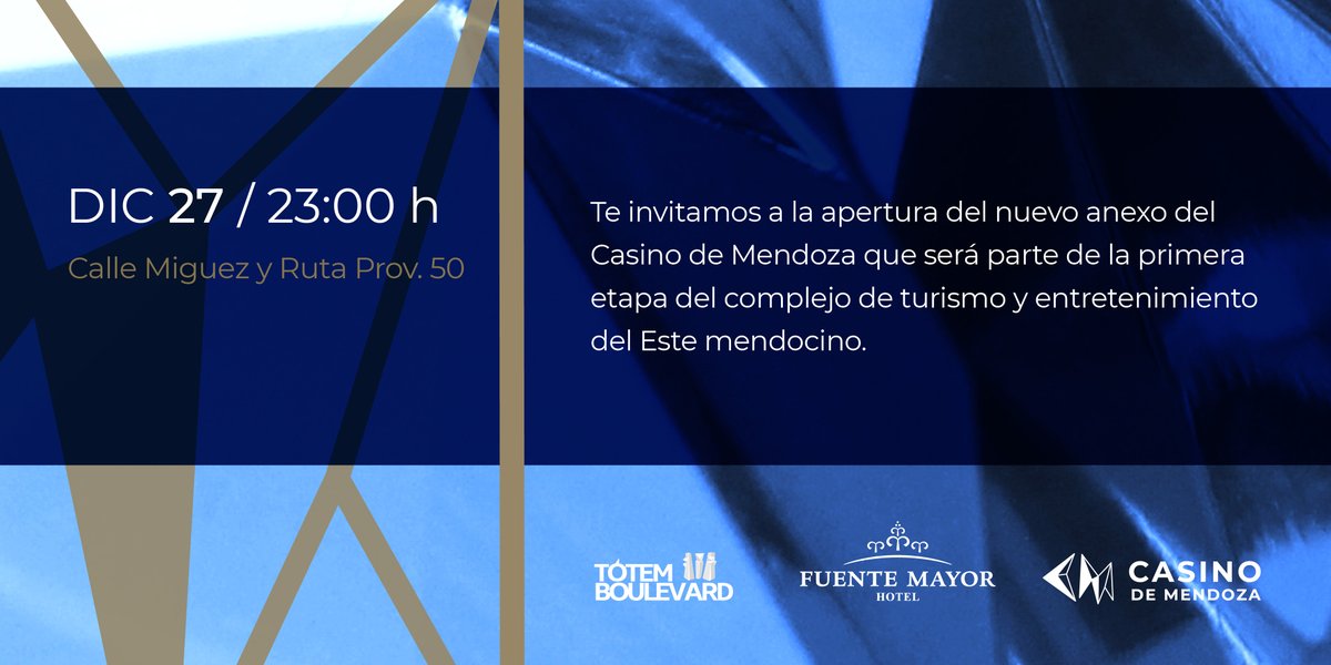 Apertura #CasinodeMendoza Zona #Este 
Lunes 27 de #Diciembre 23 hs
Te invitamos a la apertura del nuevo anexo del Casino de Mendoza que será parte de la primera etapa del complejo de #turismo y #entretenimiento del Este mendocino.
#CasinodeMendoza 
#Este #Nuevo #Apertura