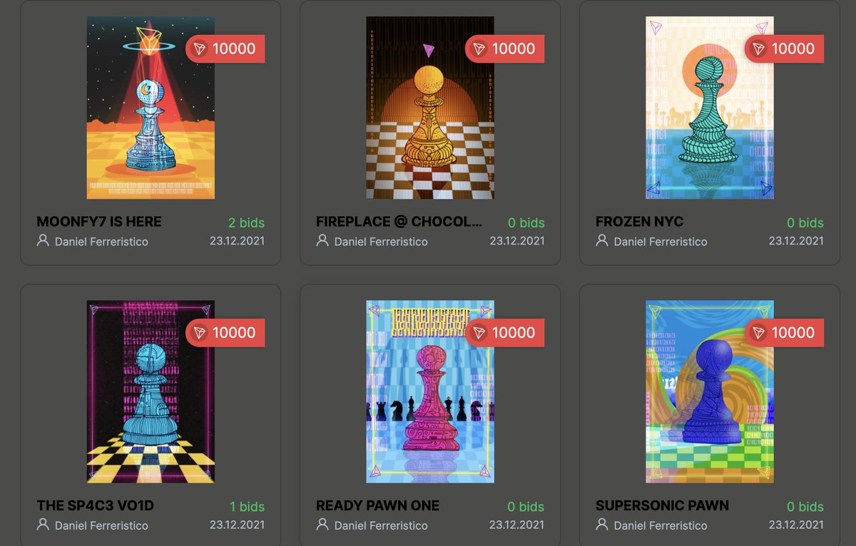 Ferreristicoart's tweet photo. The final pieces from the #hashchess collection is live on https://t.co/lsAeRvmm3n, read more about the collection at https://t.co/Q5Q5HnoHRf π€
only 36 unique 1:1 #NFTs available in total, 23 already purchased π start collecting #NFTs on #TRON today at @UswapNFT #TRON #TRX https://t.co/ddvr9dO0Lk