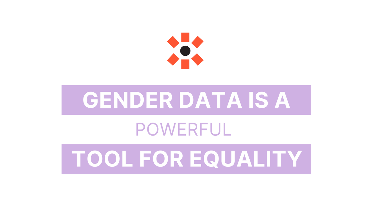 Large purple text that says gender data is a powerful tool for equality. There is an large purple equal sign over the text.