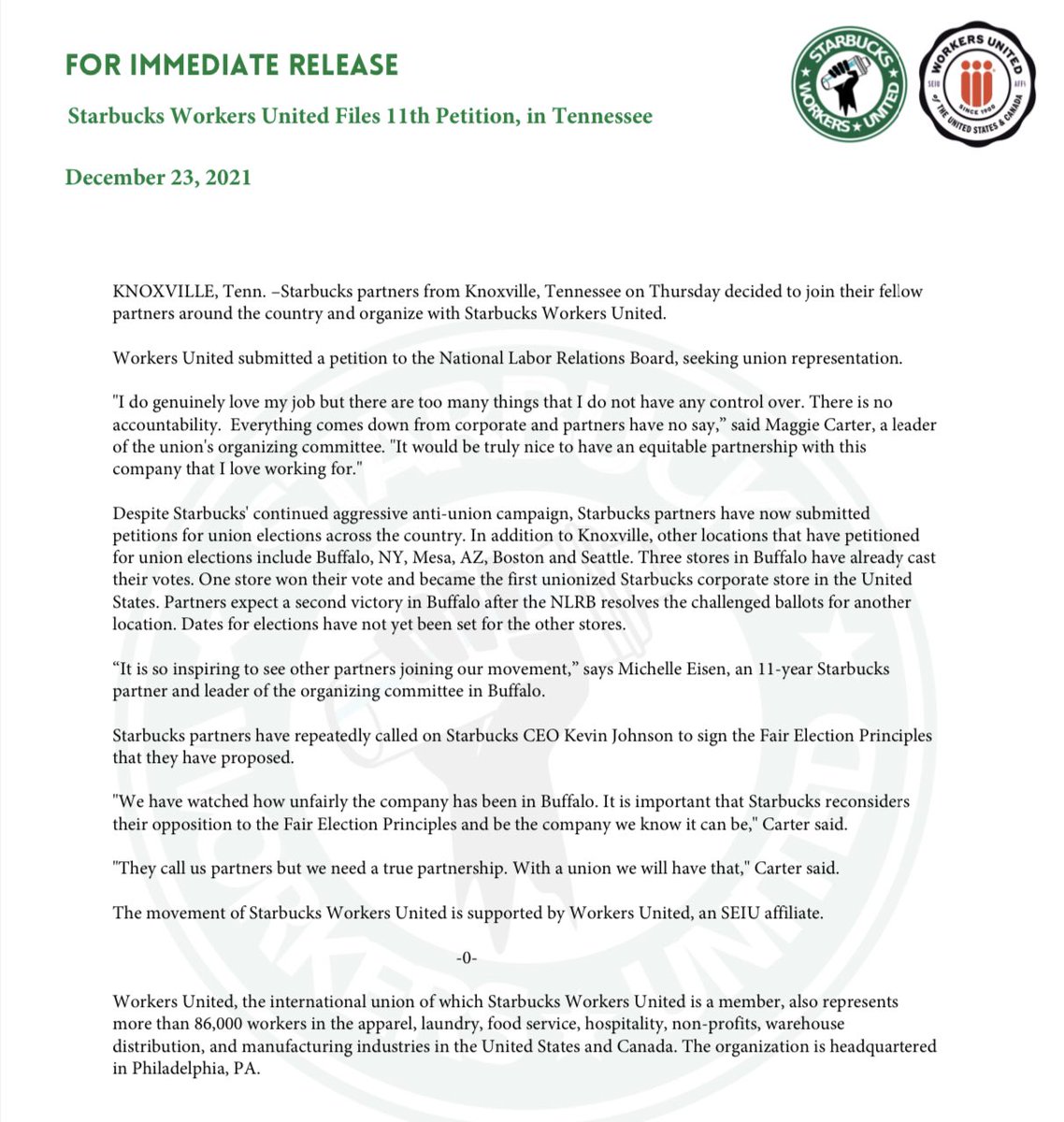 How about that. Starbucks workers with <a href="/SBWorkersUnited/">Starbucks Workers United</a> just filed for a union election in Tennessee. So far they’ve got elections brewing in:
—Buffalo
—Boston
—Mesa AZ
—Seattle
—Knoxville

Corporate’s gonna have to find a lot more outside managers to sweep the floors.
