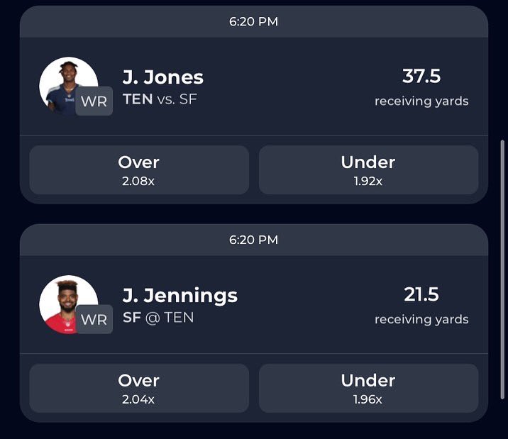 🔥Passing Yards 
🔥Receiving Yards 
🔥Rushing Yards 

Are you taking the over or under tonight? 

join.hotstreak.gg/3zPgOP2

#49ers #Titans #FTTB #FantasyFootball #FantasySportsApp #Fantastysports #nfl #nfltwitter