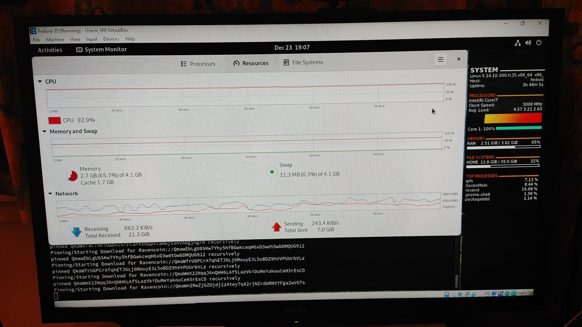 Stress testing #Fedora 35 in a #virtualbox. 4G Ram, 128M Video. #IPFS mirroring CIDs, and fresh install ravend #Blockchain downloading new blocks. Got browser open, using #conky too! This vbox is solid! #RVN #Ravencoin Creating RavencoinOS <a href="/rvnclause/">Ravenclause</a>  ports to Windows users!