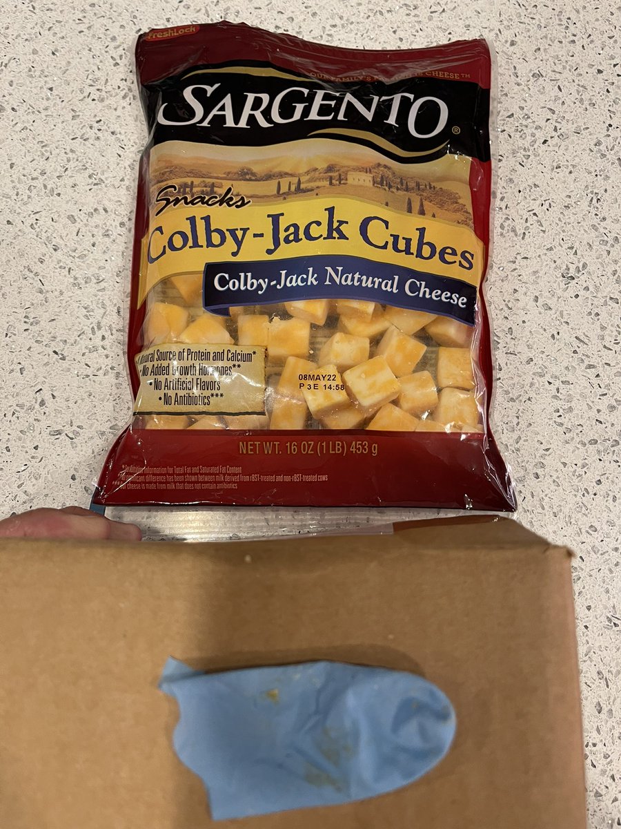 JKI2nd's tweet photo. Was enjoying a bag of Sargento Snacks Colby-Jack Cubes and found a partial piece of a rubber glove! 
Help &amp; YUCK!!
Picture is included.
Made  08May22
lot #P3E 14:58 @SargentoCheese #RealCheesePeople https://t.co/bDbxQy9c5V