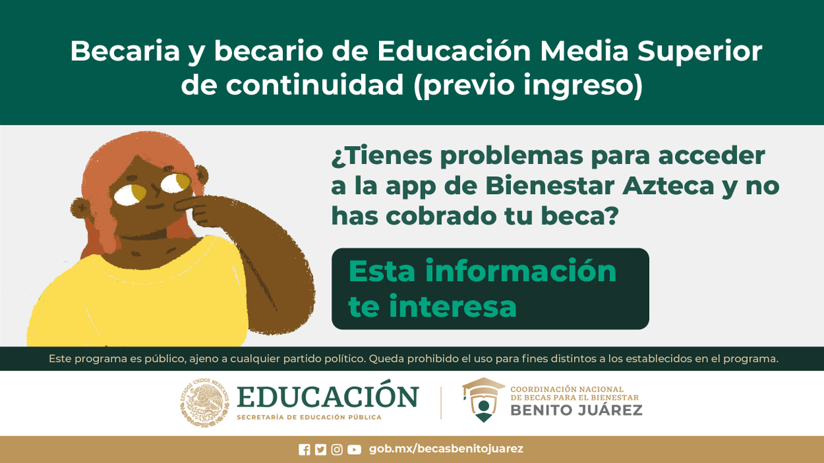 BecasBenito's tweet photo. Becaria y becario de Educación #MediaSuperior 👩‍🎓🧑‍🎓 de continuidad 

¿Tienes problemas para acceder a la app de #BienestarAzteca y no has cobrado tu beca?

Agenda una cita en el Sistema #MiBecaBenitoJuárez para corregir y/o actualizar tus datos.

Entra👉https://t.co/ItI9eOrVM5 https://t.co/qEb7fK1yn8