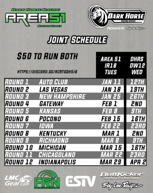 DHRacingSeries's tweet photo. THIS is our new schedule for DHRS once 2022 starts! We will be doing a joint effort with Area 51 with IR18 on Tuesdays and DW12 on Wednesday nights. The cost will be $50 which gains you entry to both leagues. See the schedule below, as well as the link to discord. https://t.co/AyygqR8Jj2
