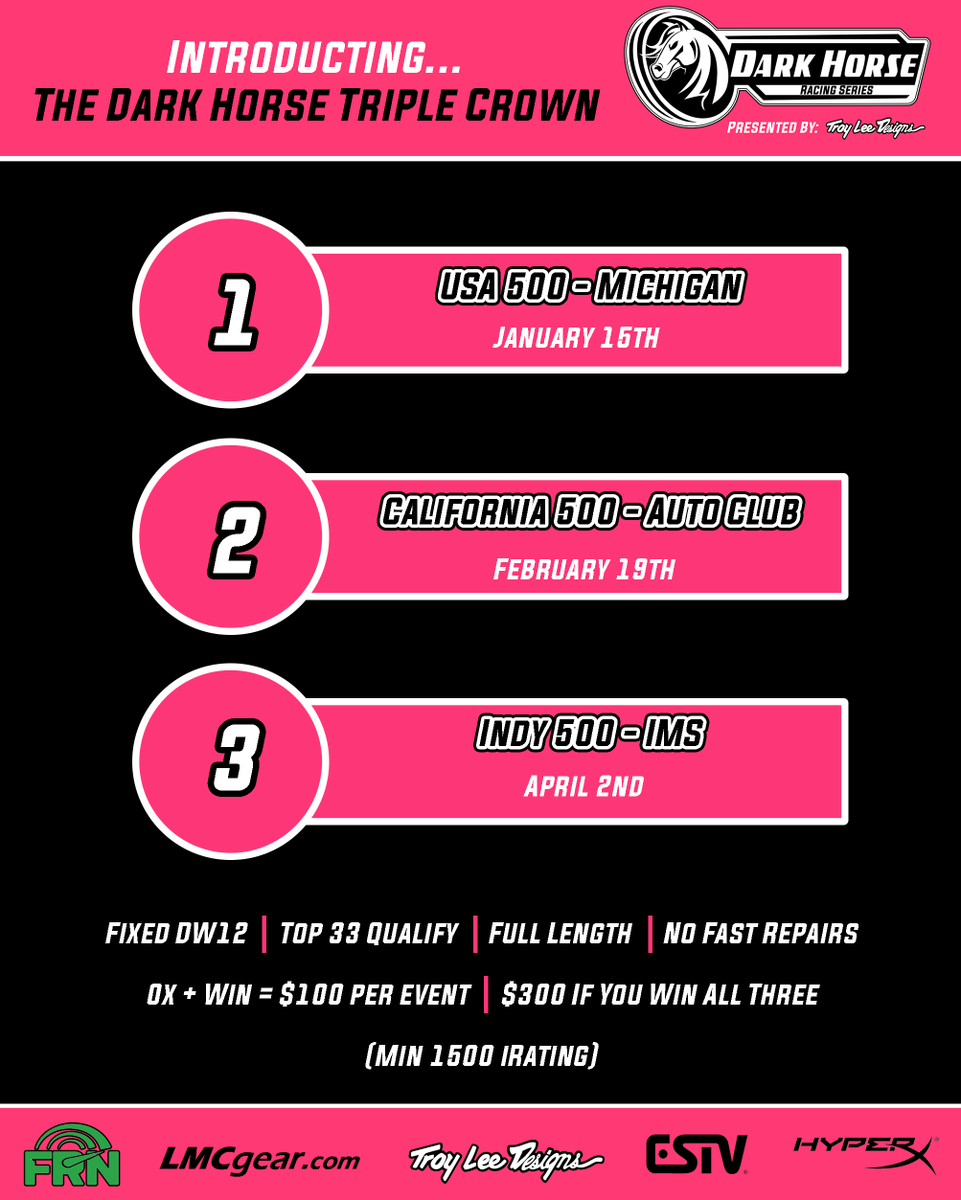 DHRacingSeries's tweet photo. We have once again updated the dates for our DHRS Triple Crown with the USA 500 at Michigan now being on January 15th and then ending at Indy with the 5th Running of The Dark Horse 500. https://t.co/394Uqf6SNf