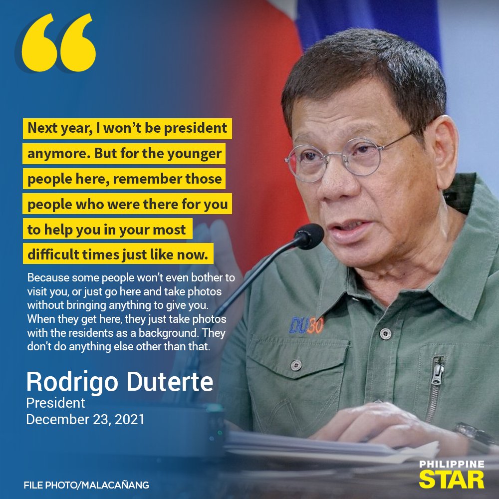 PhilippineStar's tweet photo. President Duterte urged typhoon survivors to watch out for people “who enter politics for their personal gain.” https://t.co/ZjP9j0xDA9 https://t.co/3HcuWUxyiN