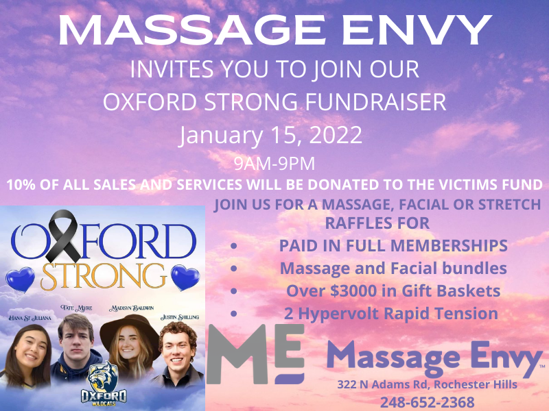 VORH_Connect's tweet photo. Mark your calendar for an #OxfordStrong fundraiser at our Massage Envy on January 15, 2022. For more information, please call 248.652.2368 or visit in-store at 322 N. Adams Rd. https://t.co/6lX8kFHYf2