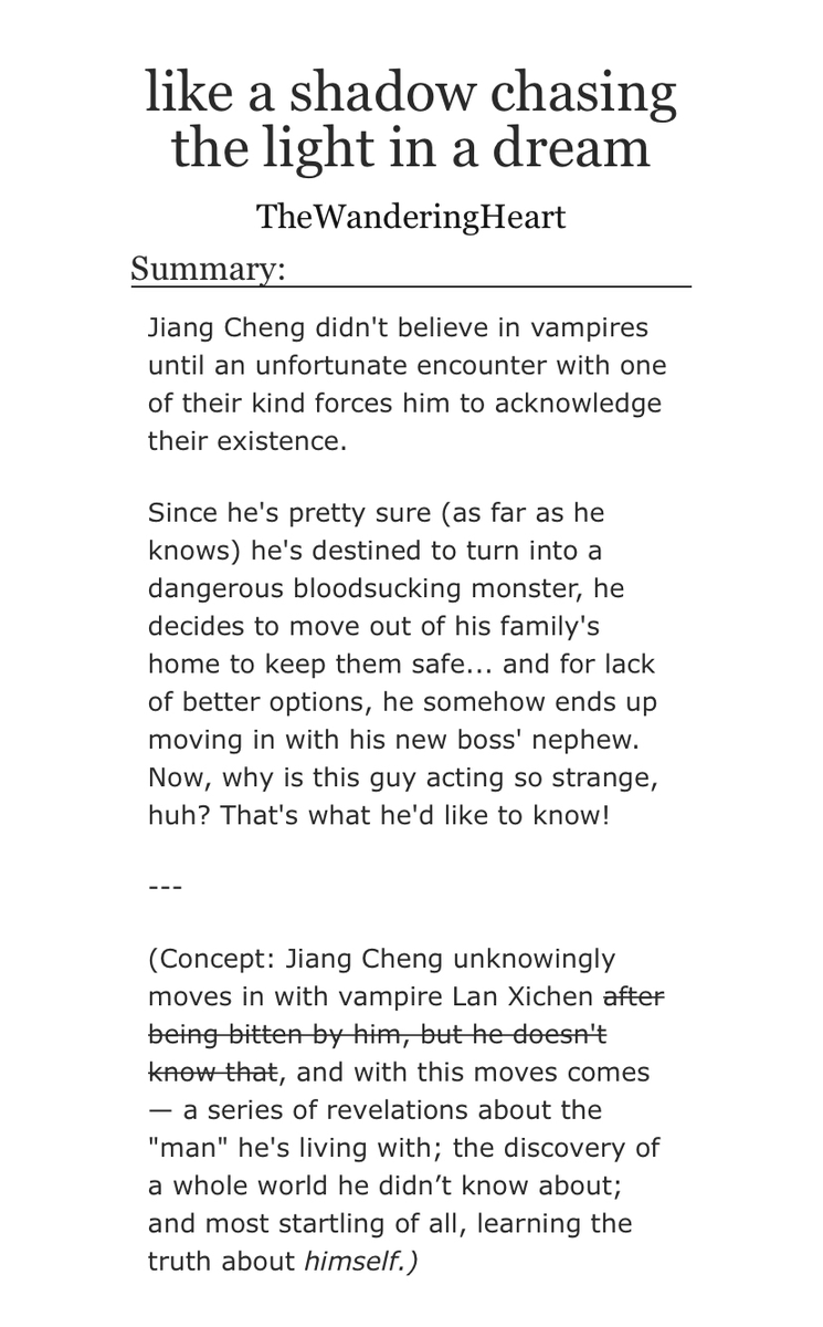 twanderingheart's tweet photo. like a shadow chasing the light in a dream | ❄️ #xicheng winter solstice exchange ❄️💙💜 | vampire AU | multichapter (5)
~ for @Sandrixowo (㇏(•̀ᵥᵥ•́)ノ)

concept: JC unknowingly moves in with a vampire (LXC) after being bitten by a vampire (also LXC)

chapter links below! 🡣 https://t.co/bRUUIpDhTn