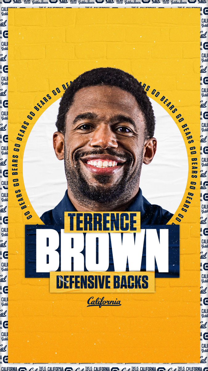 Cal Football (@calfootball) on Twitter photo Beefing up our DB room.
<a href="/CoachTB02/">Terrence Brown</a> will join <a href="/CoachTreW/">Tre Watson</a> in coaching our defensive backs. Welcome to the family, Coach! #GoBears
📝: calbea.rs/33UO11r Beefing up our DB room.
<a href="/CoachTB02/">Terrence Brown</a> will join <a href="/CoachTreW/">Tre Watson</a> in coaching our defensive backs. Welcome to the family, Coach! #GoBears
📝: calbea.rs/33UO11r