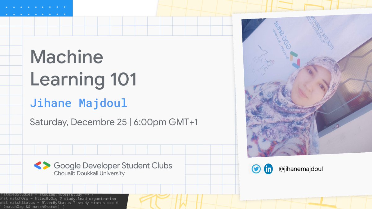 DscUcd's tweet image. Let&apos;s start with our First Machine Learning 101 event with @jihanemajdoul to introduce you to the world of ML🔥️.
 it&apos;s important to reserve your place from here:gdsc.community.dev/events/details…
#GoogleDevelopersStudentsClub
#GDSCMENA